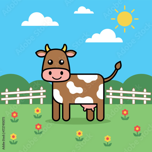 brown and white spotted cow in a vibrant green field under a bright sun with fluffy clouds. cartoon cow standing in a sunny meadow surrounded by flowers and a white picket fence.