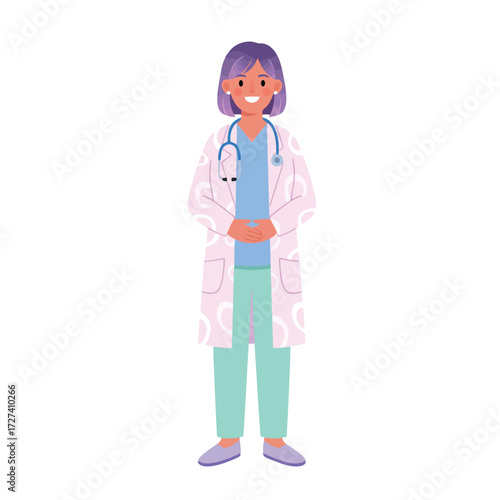 Friendly cartoon female doctor with purple hair wearing a white lab coat and stethoscope. stylized illustration of a female doctor with short purple hair, wearing a white lab coat.