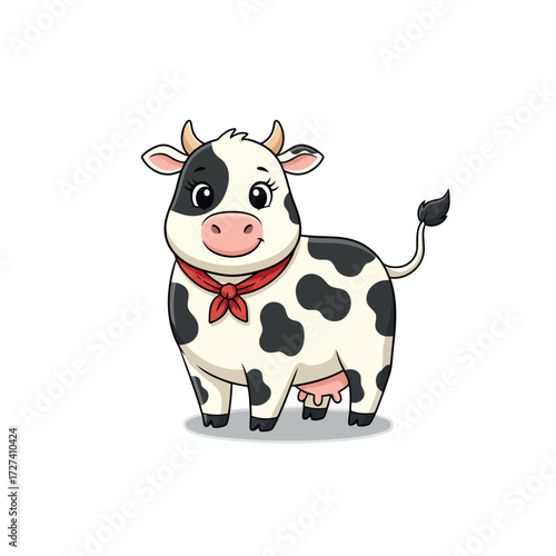 Adorable cartoon black and white cow with a red bandana smiling happily on a white background. This cute bovine features classic black and white patches and wears a red bandana around its neck.
