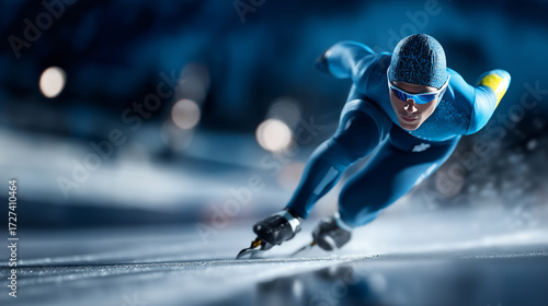 A speed skater races on a track hyper realistic skate details with clear textures moody shadows on the ice bright saturation in athletic gear speed skating competitive sports