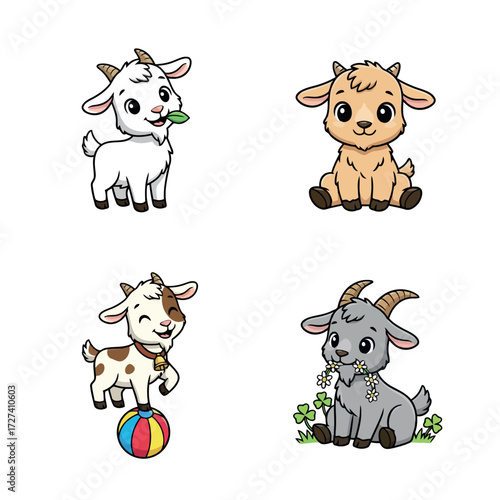 A collection of four charming cartoon baby goats, each rendered in a distinct artistic style, showcasing their playful and innocent nature. baby goats in different styles and poses.
