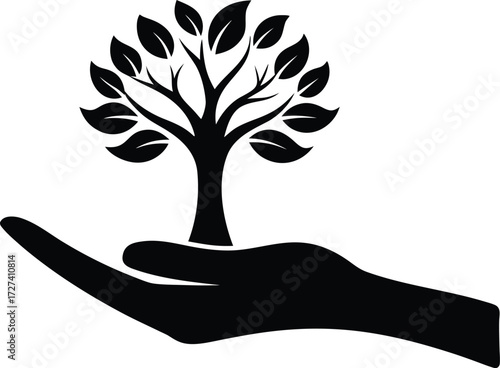 Tree in Open Palm Vector - Nature, Conservation, and Green Future Symbol. Tree in Hand Symbol Vector Illustration