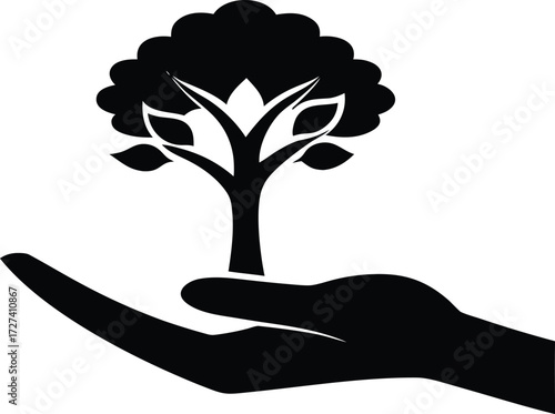 Tree in Open Palm Vector - Nature, Conservation, and Green Future Symbol. Tree in Hand Symbol Vector Illustration