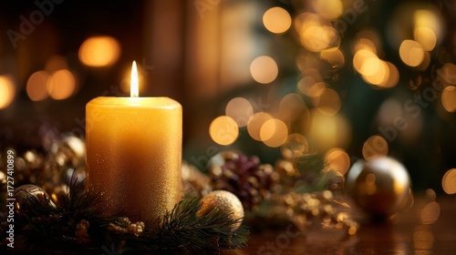 A lit candle on a table with Christmas decorations and a blurred Christmas tree in the background, a warm room