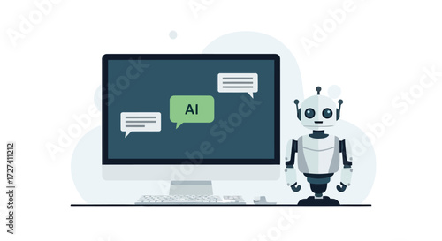 Friendly chatbot robot interacting with a computer screen displaying chat bubbles symbolizing digital communication and artificial intelligence