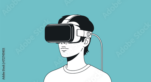 A stylized illustration of a person wearing a VR headset, with a cable extending from it. The artwork features a clean, graphic style and a solid blue background, emphasizing the technology.
