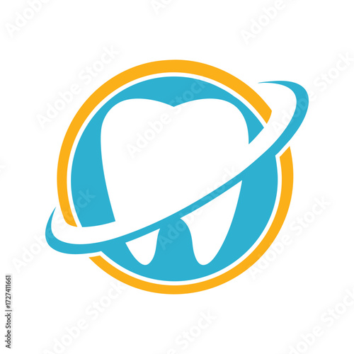 White tooth icon with blue and orange orbital ring logo dental care