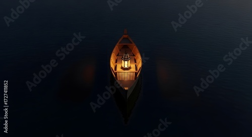 Overhead view of a traditional wooden boat, a lone lantern illuminating the deep, dark water
