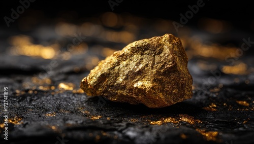 Close-up of raw gold nugget on dark surface