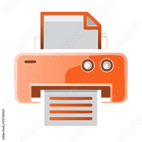 Orange printer machine icon with printed paper coming out and paper in tray