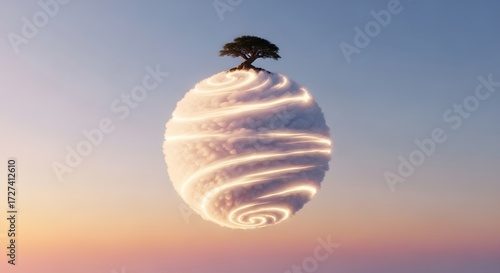 Dreamy Planet A lone tree stands atop a swirling cloud sphere against a pastel sky