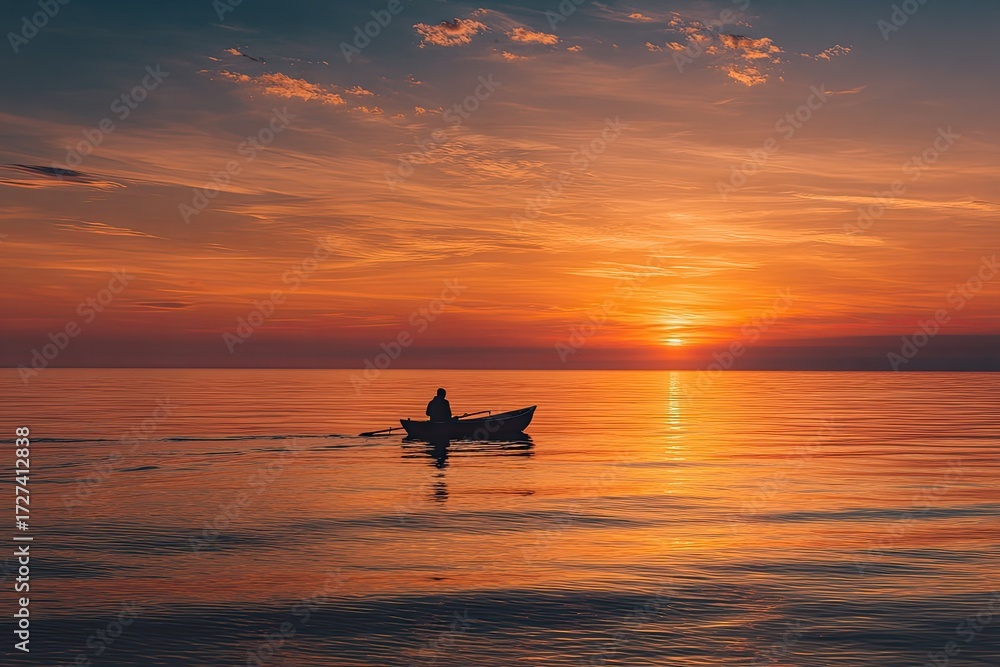 Fototapeta premium Silhouette of a lone boatman at sunset