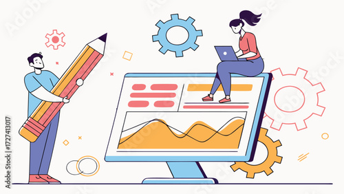 Vector art of a man holding a giant pencil and a woman sitting on a computer screen