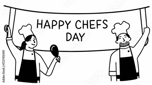 Happy Chefs Day simple vector web banner, border, background, poster. Lineart illustration with text Chefs Day. One continuous line drawing.vector icon
