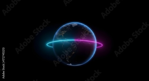 A futuristic digital representation of your Earth with a glowing neon light orbiting the planet