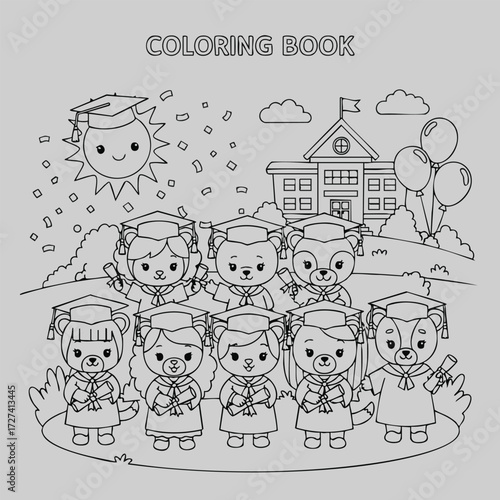 A joyful scene featuring adorable animal graduates celebrating with caps, balloons, and a sunny backdrop.