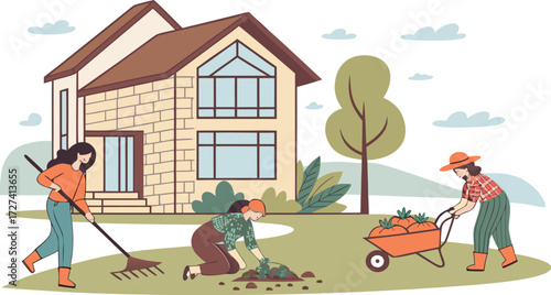 Vector art of women tending to a garden with a house in the background, one raking, one planting, and one with a wheelbarrow full of carrots