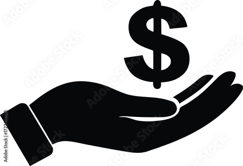 Open Hand Offering Dollar Bill Vector Icon - Charity, Donation, and Financial Aid Symbol. Dollar Bill in Hand Symbol Vector Illustration.