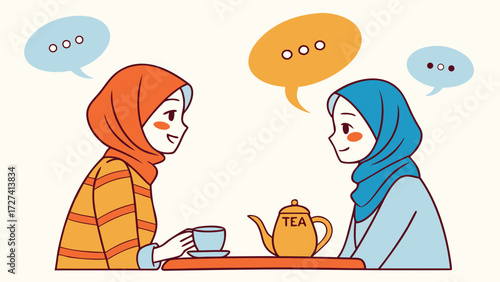 Vector art of two muslim women in hijab chatting over tea, fostering friendship and cultural connection