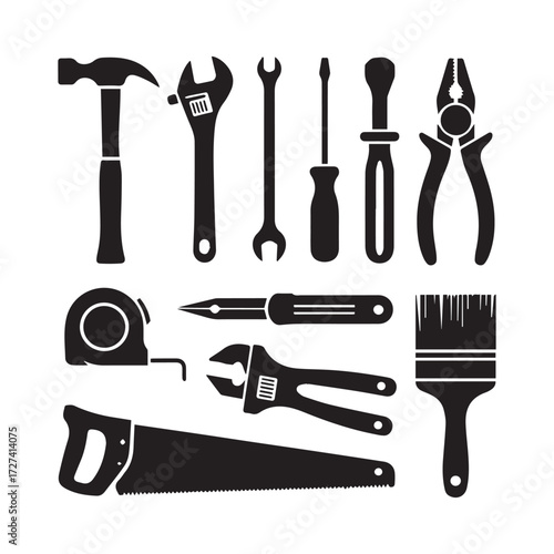 Vector art of silhouette of various hand tools, including hammer, wrench, screwdriver, pliers, tape measure, saw, and brush