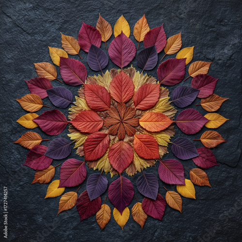 A perfectly symmetric mandala assembled from colored autumn leaves on a dark textured surface. Clean top-down flat lay for decorative and seasonal use