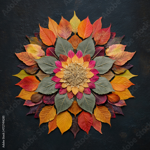 A perfectly symmetric mandala assembled from colored autumn leaves on a dark textured surface. Clean top-down flat lay for decorative and seasonal use