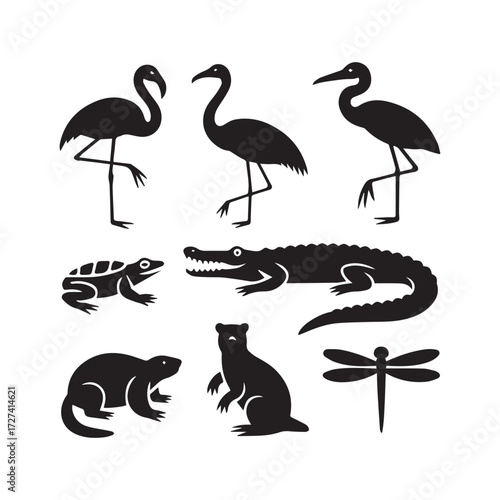 Vector art of silhouette of wetland animals, including flamingo, heron, crocodile, turtle, beaver, and dragonfly