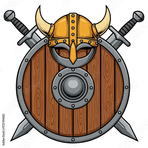 Viking shield with helmet and crossed swords, warrior emblem.