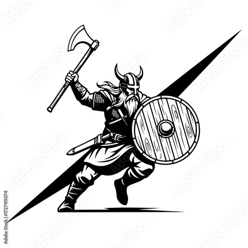 Viking Warrior with Axe and Shield in Action Pose.