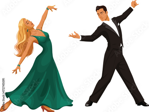 Ballroom dancing couple, elegant pose, green dress, black suit, graceful movement, formal attire, expressive dance, performance