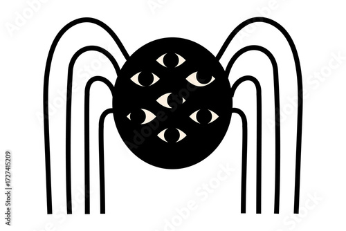 Halloween creepy spider with multiple eyes and long curved legs. Black and white spooky arachnid silhouette with seven eyes for October horror decorations and scary creature designs. High-res PNG