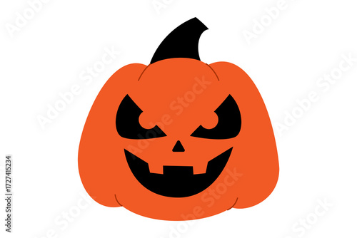 Halloween jack-o'-lantern pumpkin with evil grin and angry eyes. Orange carved pumpkin with menacing black facial expression and black stem for spooky October decorations. High resolution PNG