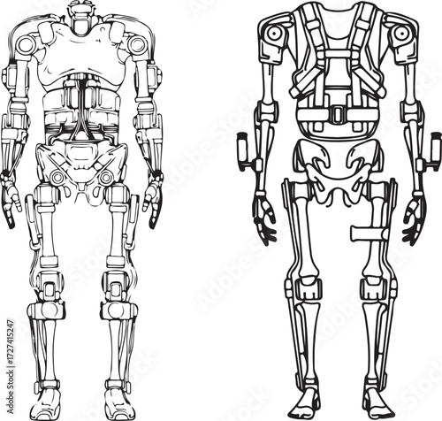 Detailed Line Art Illustration of Humanoid Robot and Exoskeleton Designs
