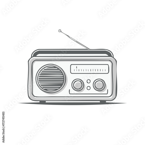 Monochrome illustration of a retro portable transistor radio with an antenna