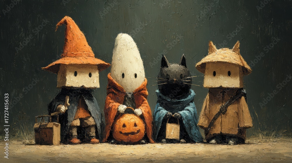 Fototapeta premium Playful 3D Scene Featuring Halloween Characters and a Ghost