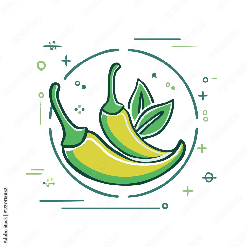 Fototapeta premium Chili peppers and leaves in circle icon with decorative elements