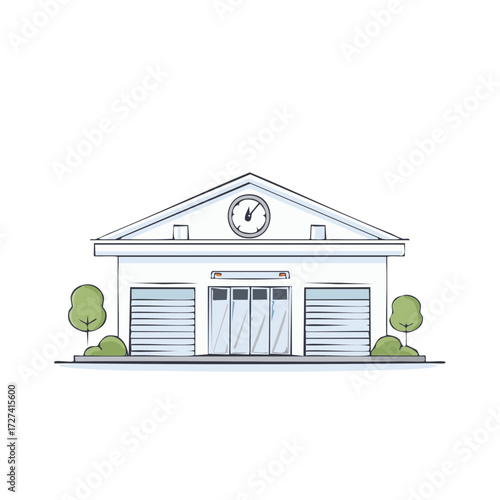 Cartoon illustration of a white building with trees and clock on the roof.