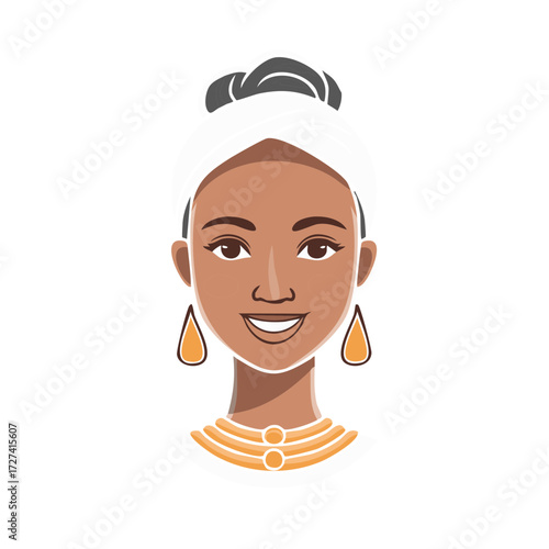 Joyful African woman with headwrap and traditional jewelry smiling warmly