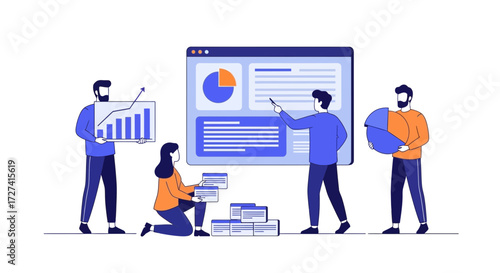 A diverse team of professionals collaborates on a business presentation, analyzing data charts and graphs to discuss financial growth and strategy