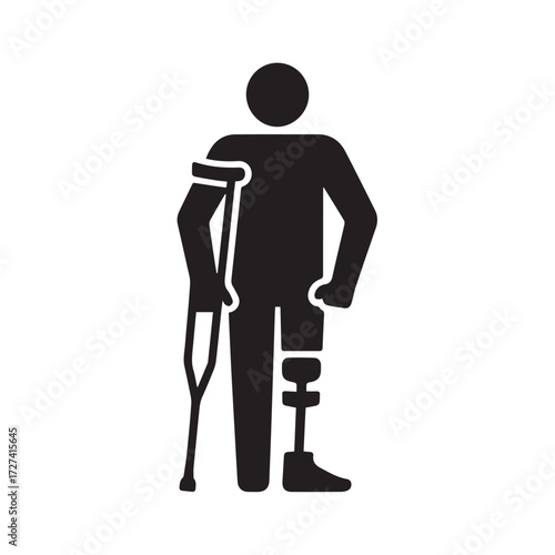 Strong Amputee Man with Crutch Vector Illustration