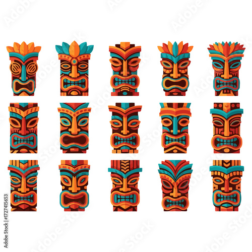 Vibrant collection of Polynesian Tiki masks and idols illustration.