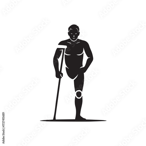 Strong Amputee Man with Crutch Vector Illustration