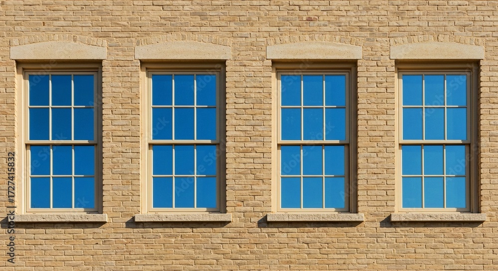 Fototapeta premium A symmetrical architectural shot of four large wooden-framed windows reflecting a bright blue sky