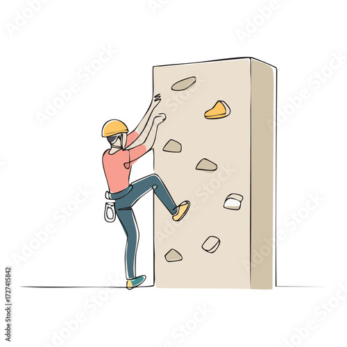 Illustration of a person climbing a rock wall in a climbing gym, sport activity.