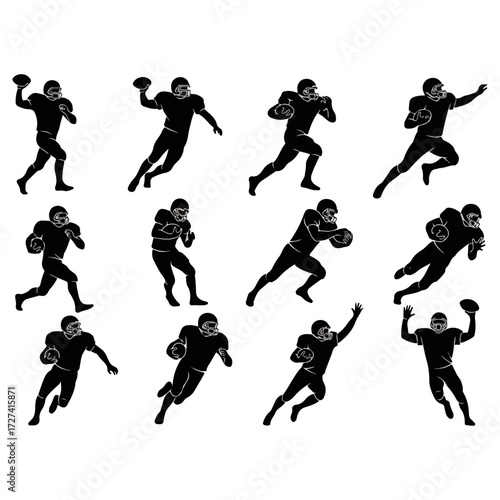 American Football Players in Action Silhouettes on White Background.