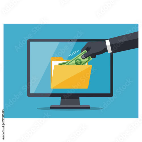 Cybercrime concept - Hand stealing money from computer folder.