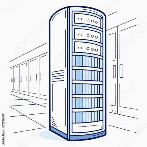 Clean line drawing illustration of a tall server rack in a data center with rows of cabinets