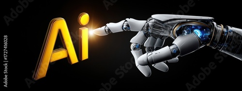Une main de robot touchant du doigt le texte lumineux « ai » sur un fond sombre, concept futuriste de l'intelligence artificielle, vue panoramique.
