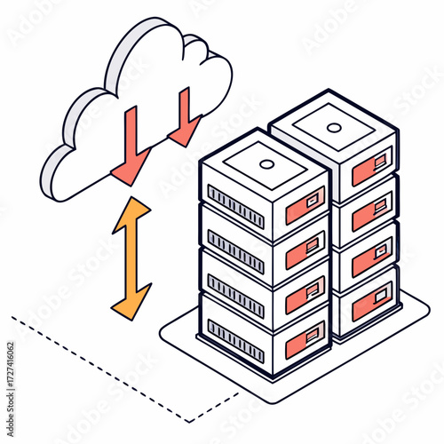 Cloud computing data transfer to and from server racks in isometric perspective