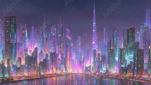 Spectacular Night Cityscape: Futuristic Urban Skyline with Vibrant Neon Lights and Reflections